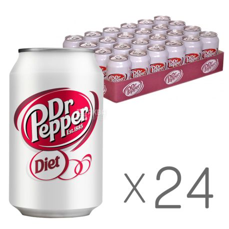 Dr Pepper, Diet, Упаковка 24 шт. по 0,33 л, Доктор Пеппер, Дієтичний, Вода солодка, низькокалорійна, ж/б