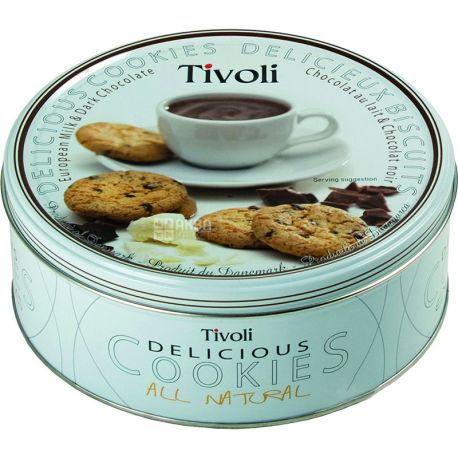 Tivoli cookies 150г, печенье с кусочками черного и молочного шоколада, ж/б