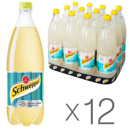 Schweppes, Bitter Lemon, Упаковка 12 шт. по 1 л, Швепс, Ориджинал Биттер Лимон, Вода сладкая, с соком, ПЭТ