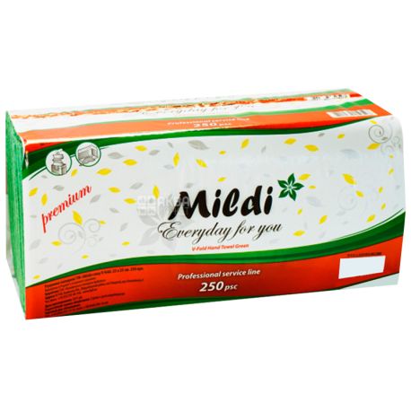 Mildi, Premium, Полотенца бумажные Милди, однослойные, V-сложения, зеленые, 250шт., 23х25 см