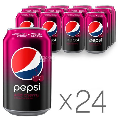 Pepsi-Cola, Wild Cherry, Упаковка 24 шт. по 0,33 л, Пепсі-Кола, Вайлд Черрі, Дика Вишня, Вода солодка, ж/б