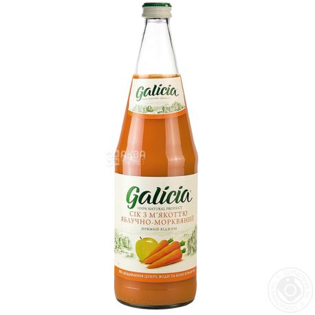 Galicia, Яблочно-морковный, 1 л, Галиция, Сок натуральный с мякотью, без добавления сахара, стекло