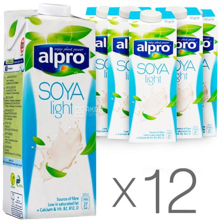 Alpro, Soya light, Упаковка 12 шт. по 1 л, Алпро, Лайт, Соєве молоко, вітамінізоване