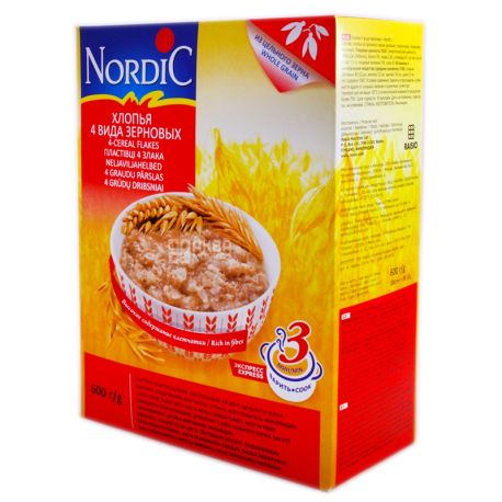 Nordic, 600 г, Хлопья Нордик, из 4-х видов зерновых, быстрого приготовления