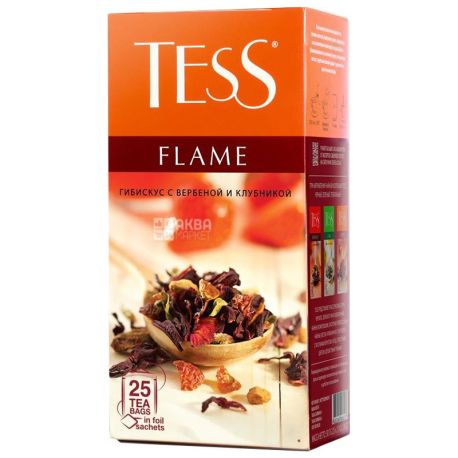 Tess Flame, 25 пак., Чай Тесс, Флейм, трав'яний, гібіскус з полуницею, вербеною