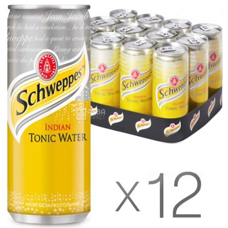 Schweppes, Indian Tonic, Упаковка 12 шт. по 0,33 л, Швепс, Индиан, Тоник травяной, безалкогольный, ж/б