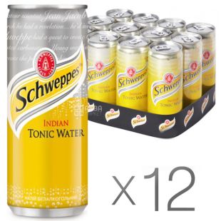 Schweppes Indian Tonic, Упаковка 12 шт. х 0,33 л, Напиток газированный Индиан Тоник, ж/б