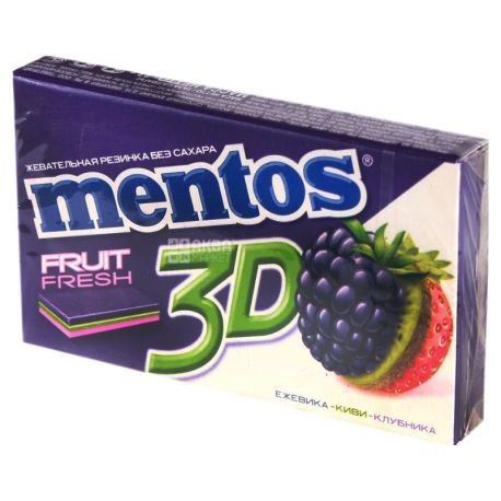 Mentos, 33 г, Жувальна гумка, 3D, Зі смаком ожини, ківі та полуниці, м/у