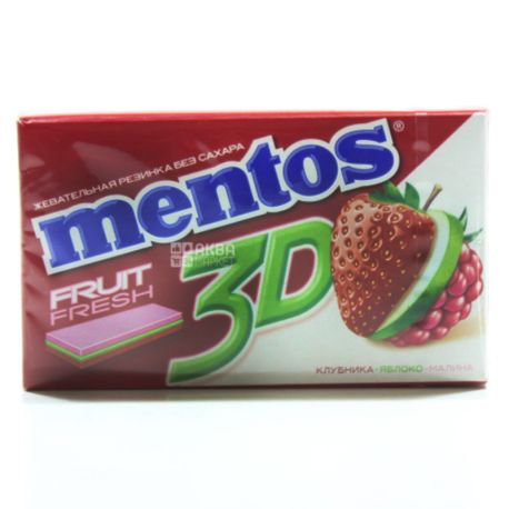Mentos, 33 г, Жевательная резинка, 3D, Со вкусом клубники, яблока и малины, м/у