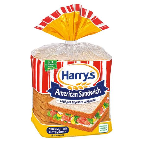 Harrys Хліб сандвічний пшеничний з висівками American Sandwich, 515 г, пакет