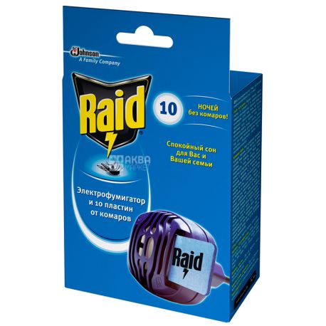 Raid, 1 шт., Набор Электрофумигатор+пластины от комаров, 10 шт.