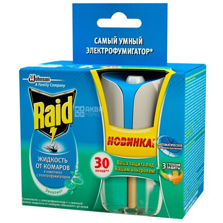 Raid, Комплект, 1 шт., Умный электрофумигатор с регулятором интенсивности и таймером+жидкость, Эвкалипт, 30 ночей