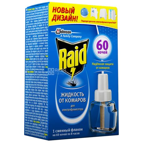 Raid, 1 шт., Жидкость для электрофумигатора, Без запаха, 60 ночей, картон