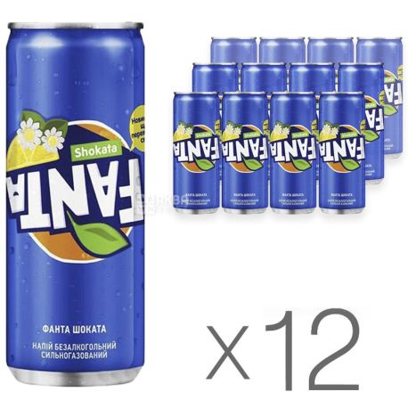 Fanta, Shokata, Упаковка 12 шт. по 0,33 л, Фанта Шоката, Лимон-Бузина, Вода сладкая, с натуральным соком, ж/б