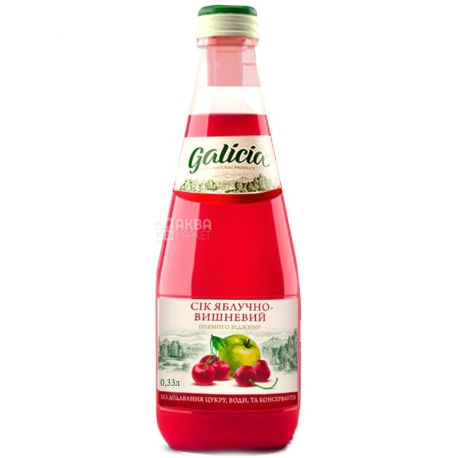 Galicia, Яблочно-вишневый, Упаковка 12 шт. по  0,3 л, Галиция, Сок натуральный, без добавления сахара, стекло