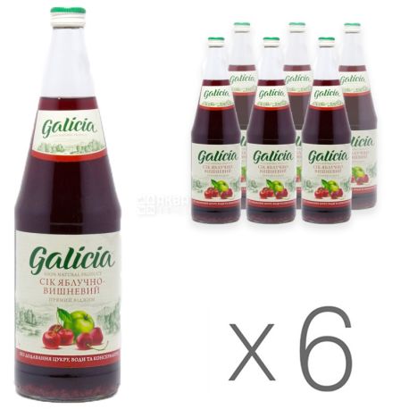 Galicia, Яблочно-вишневый, Упаковка 6 шт. по 1 л, Галиция, Сок натуральный, без добавления сахара, стекло