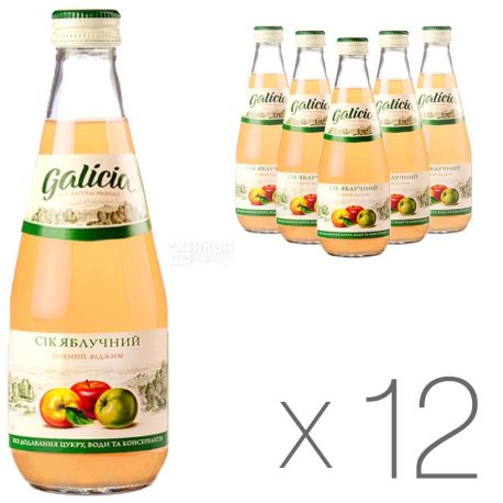 Galicia, Яблучний, Упаковка 12 шт. по 0,3 л, Галіція, Сік натуральний, без додавання цукру, скло