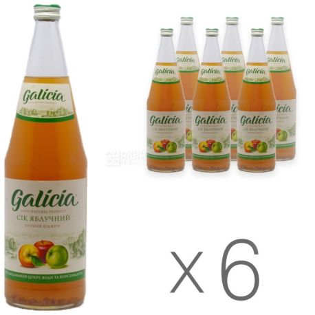 Galicia, Яблочный, Упаковка 6 шт. по 1 л, Галиция, Сок натуральный, без добавления сахара, стекло