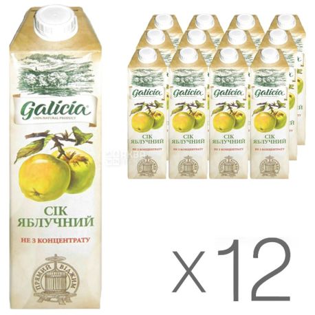 Galicia, Яблучний, Упаковка 12 шт. по 1 л, Галичина, Сік, натуральний, без додавання цукру