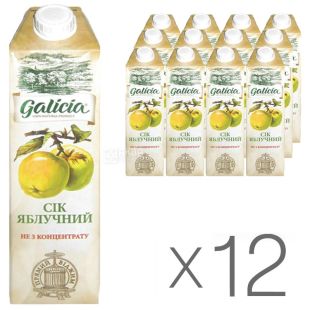 Galicia, Упаковка 12 шт. х  1 л, Сік натуральний Яблучний Галіція, без цукру