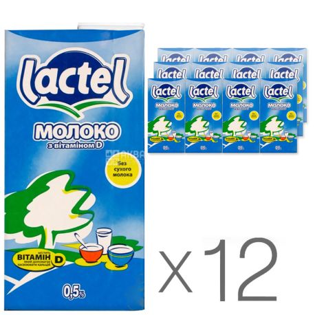 Lactel, Упаковка 12 шт. по 1 л, Молоко ультрапастеризоване, з вітаміном D, 0,5%