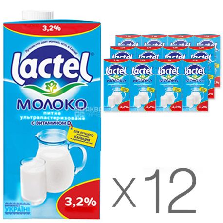 Lactel, Упаковка 12 шт. по 1 л, Молоко ультрапастеризованное, с витамином D, 3,2%