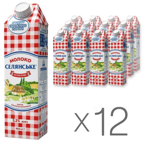 Селянське Особливе, Молоко ультрапастеризоване, 3,2%, 950 г, Упаковка 12 шт.