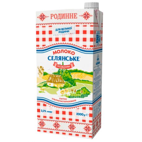 Селянське Родинне, Молоко ультрапастеризоване, 3,2%, 2 л, Упаковка 8 шт.