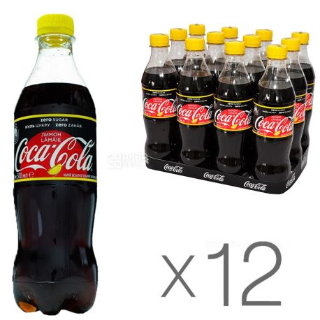 Coca-Cola Zero, Lemon, Упаковка 12 шт. по 0,5 л, Кока-Кола Зеро, Лимон, Вода солодка, низькокалорійна, ПЕТ