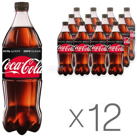 Coca-Cola Zero, Упаковка 12 шт. по 1 л, Кока-Кола Зеро, Вода сладкая, низкокалорийная, ПЭТ