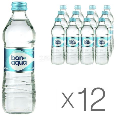 BonAqua, 0,33 л, Упаковка 12 шт., БонАква, Вода минеральная негазированная, стекло