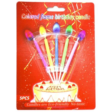 Candles with a multi-colored flame, 8.5 cm, 5 pieces, plastic packaging