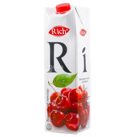 Rich, Вишневий, Упаковка 12 шт. по 1 л, Річ, Нектар натуральний, освітлений