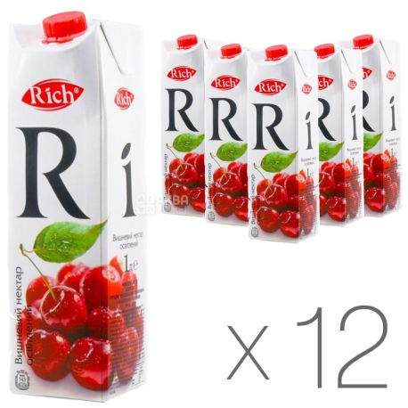 Rich, Вишневий, Упаковка 12 шт. по 1 л, Річ, Нектар натуральний, освітлений