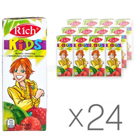 Rich Kids, Яблуко-виноград-чорноплідна горобина-малина, Упаковка 24 шт. по 0,2 л, Річ Кідс, Нектар натуральний, дітям з 12-ти мі