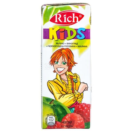 Rich Kids, Яблоко-виноград-черноплодная рябина-малина, Упаковка 24 шт. по 0,2 л, Рич Кидс, Нектар натуральный, детям с 12-ти мес