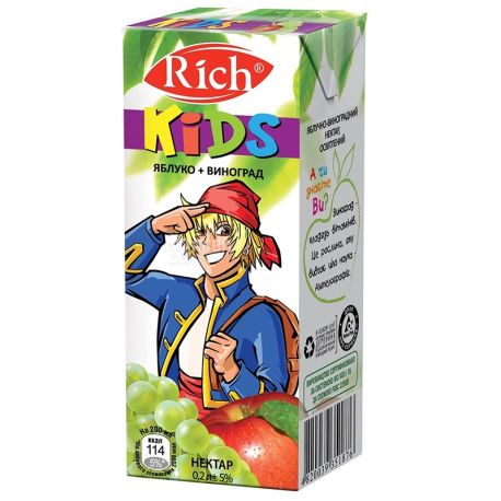 Rich Kids, Яблоко-виноград, Упаковка 24 шт. по 0,2 л, Рич Кидс, Нектар натуральный, детям с 12-ти месяцев