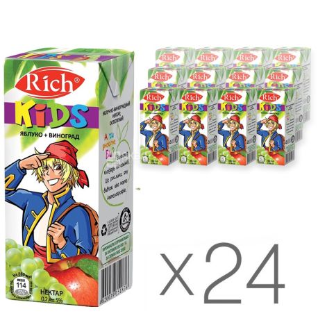 Rich Kids, Яблоко-виноград, Упаковка 24 шт. по 0,2 л, Рич Кидс, Нектар натуральный, детям с 12-ти месяцев