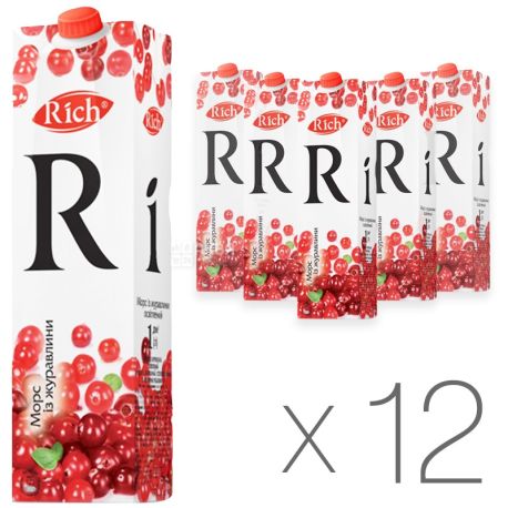 Rich, Упаковка 12 шт. по 1 л, Рич, Клюквенный, Морс натуральный, осветленный