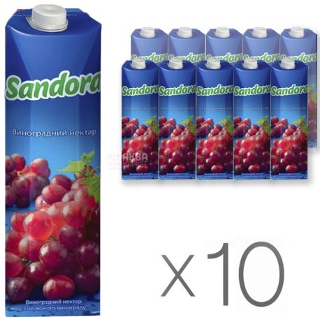Sandora, Красный виноград, Упаковка 10 шт. по 0,95 л, Сандора, Нектар натуральный