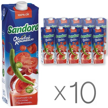 Sandora, Овощной коктейль,Томатный, 0,95 л, Сандора, Сок пикантный с солью, восстановленный, Упаковка 10 шт.
