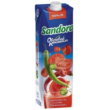  Sandora, Овочевий коктейль, Томатний, 0,95 л, Сандора, Сік пікантний з сіллю, відновлений, Упаковка 10 шт.