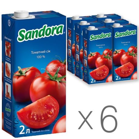 Sandora, Томатний, 2 л, Сандора, Сік натуральний, з сіллю, Упаковка 6 шт.