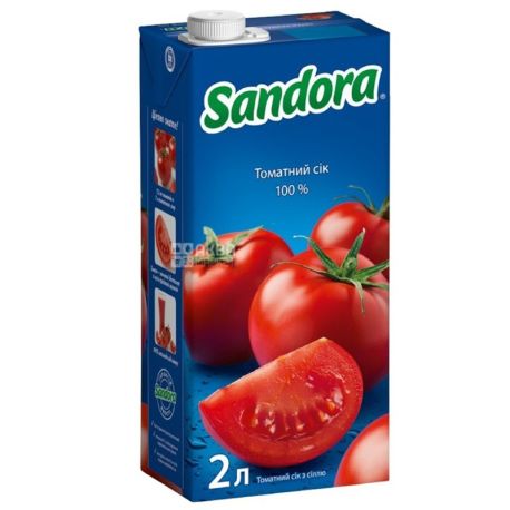 Sandora, Томатный, 2 л, Сандора, Сок натуральный, с солью, Упаковка 6 шт.