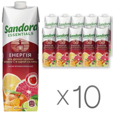 Sandora Essentials, Энергия, Цитрусовый, Упаковка 10 шт. по 0,95 л, Сандора, Нектар витаминизированный