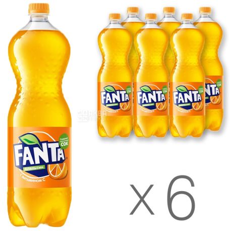 Fanta, Апельсин, Упаковка 6 шт. по 1,5 л, Фанта, Вода солодка, з натуральним соком, ПЕТ