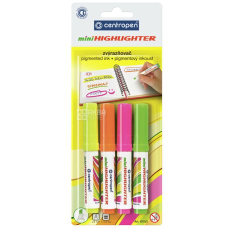 Centropen mini Highlighter, Набір текстових кольорових маркерів, 4 шт.