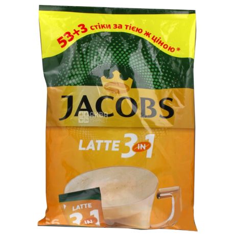 Jacobs 3 в 1 Latte, 56 шт. х 13 г, Кава Якобс Латте, розчинний в стіках