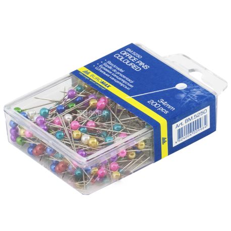 Buromax Stationery pins colored, 34mm, 200 pcs, plastic container