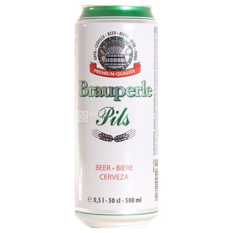Brauperle Premium Pils, 0,5 л, Брауперле, Пиво светлое, ж/б